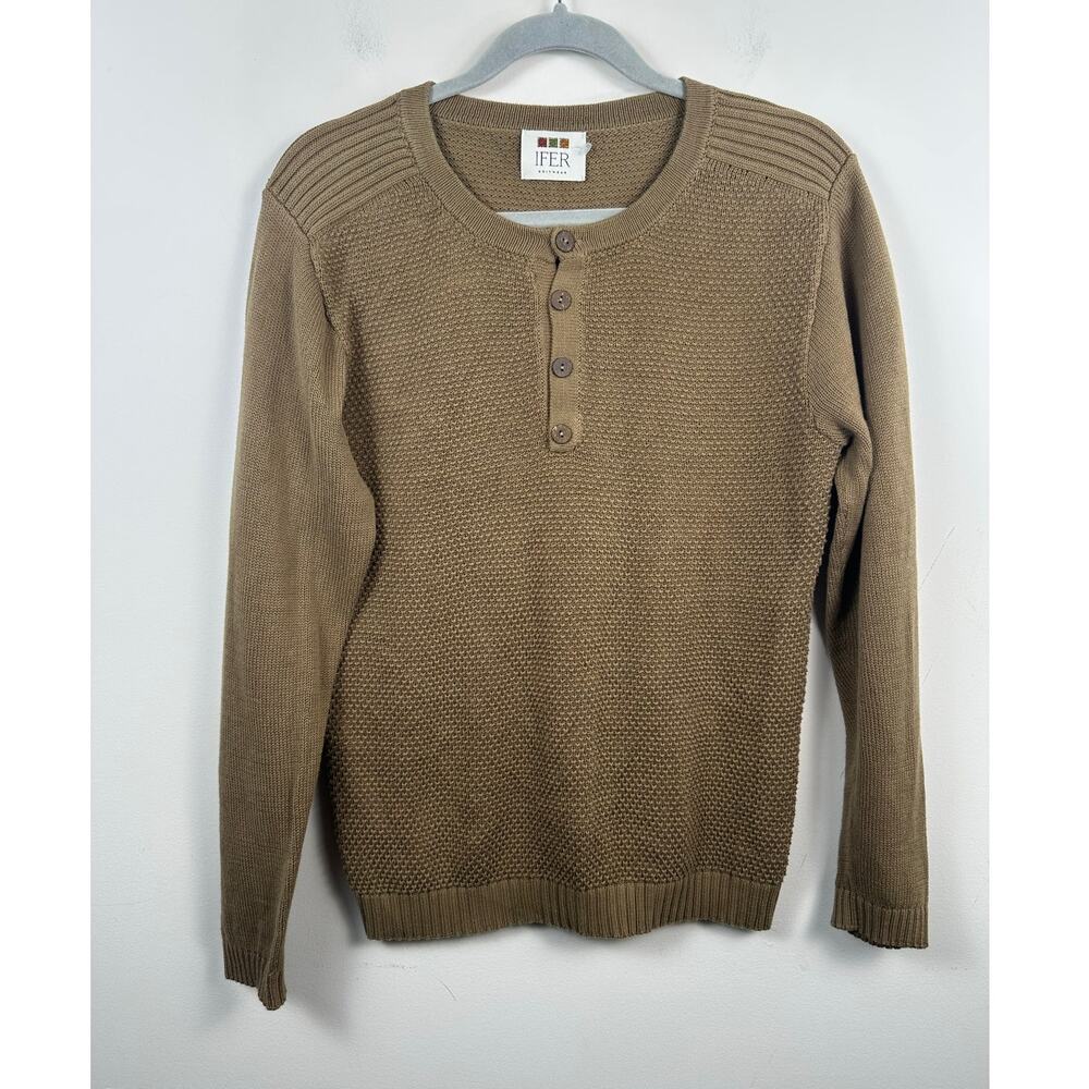 Ifer Knitwear Henley Sweater Mens Small Tan Pima Cotton Textured Peru Excellent